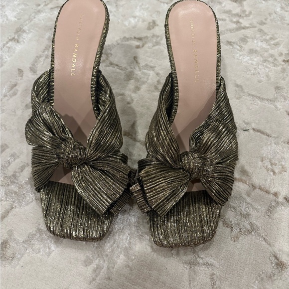 Loeffler Randall Claudia Gold Bow Heeled Sandals - Picture 2 of 7